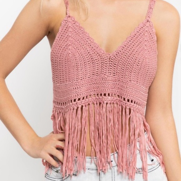 PINK Boho Crochet Fringe Festival Top - Picture 3 of 5